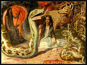 painting of a woman sitting between a snake and a wolf with another woman behind the snake