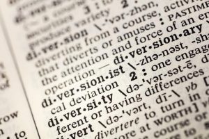 Close up photo of language in a dictionary that shows definitions of diversion, diversionist, and diversity