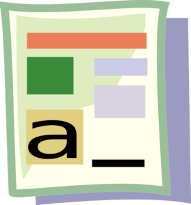Vector graphic of desktop publishing rendition with multicolored document.